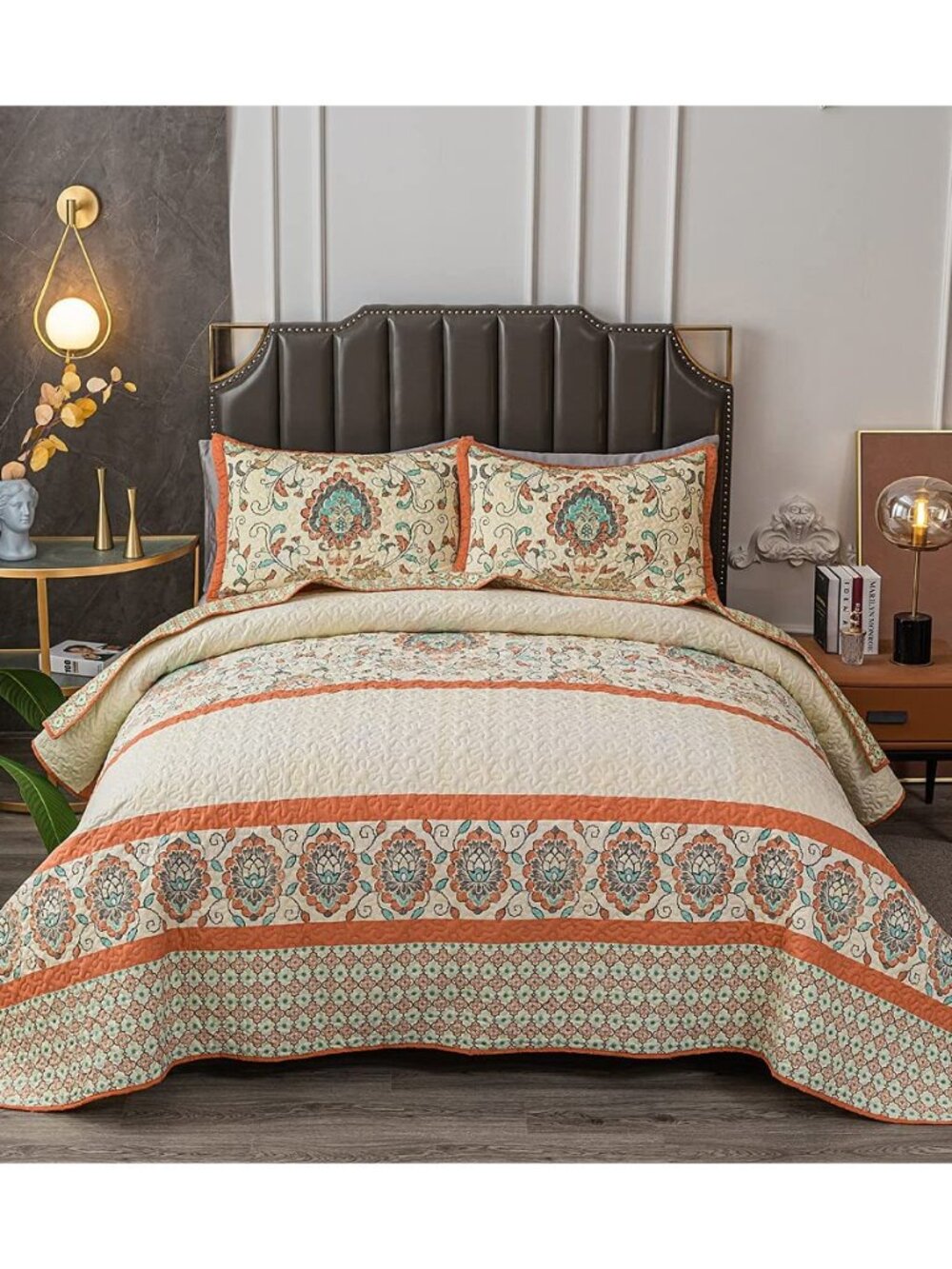 Bohemian King Size Quilt Comforter Bedding Set -3 Pieces Red Quilts (1 Quilt, 2